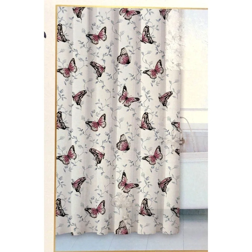 Garden Floral Butterfly Shower Curtain PEVA Opaque Blue Purple White Bath NEW